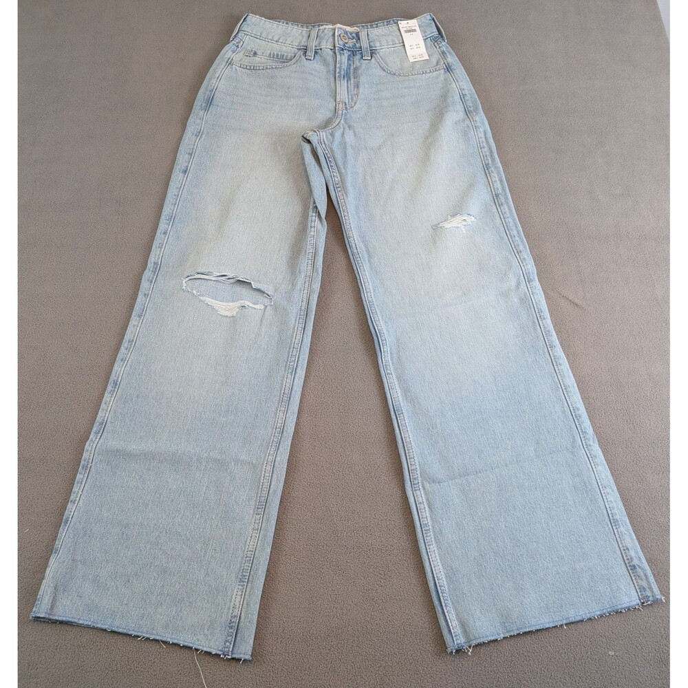 Hollister High Rise Baggy Jeans W26 2R NWT Distressed Raw Hem Light Wash Women's